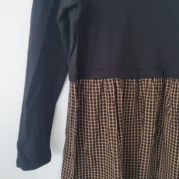 J Jill Mixed Media Black Tan Plaid Long Sleeve Dress Womens MP Medium Petite - Picture 3 of 16